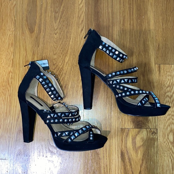 Forever 21 Shoes - Forever 21 Black Suede Silver Studded Platform Ankle Strap Heel Size 10